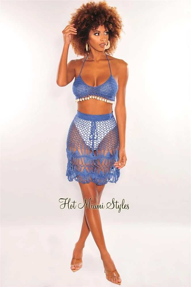 Deep Blue Crochet Halter Cowrie Shells Skirt Two Piece Set Cover Up 3 Deep Blue Crochet Halter Cowrie Shells Skirt Two Piece Set Cover Up - Image 3
