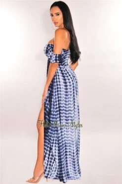 Deep Blue Tie Dye Ruffle Strap Smocked Slit Maxi Dress -Miamis Style Shop deep blue tie dye ruffle strap smocked slit maxi dress hot miami styles 887006