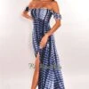 Deep Blue Tie Dye Ruffle Strap Smocked Slit Maxi Dress