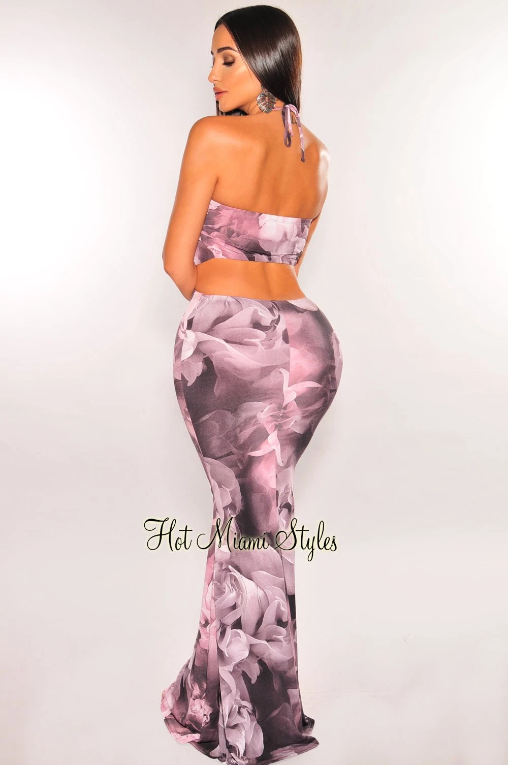 Deep Purple Floral Print Halter Lace Up Cut Out Maxi Dress 2 Deep Purple Floral Print Halter Lace Up Cut Out Maxi Dress - Image 2