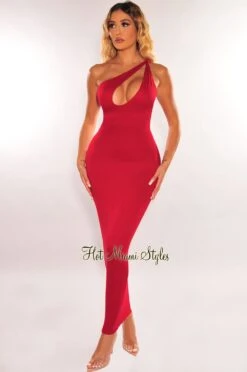 Deep Red One Shoulder Knotted Sleeveless Cut Out Midi Dress