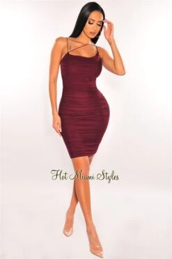 Deep Wine Mesh Elastic Straps Ruched Dress 6 Deep Wine Mesh Elastic Straps Ruched Dress -Miamis Style Shop deep wine mesh elastic straps ruched dress hot miami styles 383199