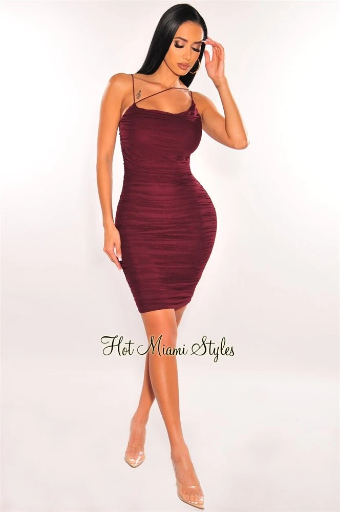 Deep Wine Mesh Elastic Straps Ruched Dress 3 Deep Wine Mesh Elastic Straps Ruched Dress - Image 3