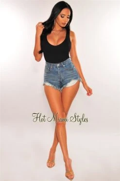 Denim Button Up Frayed Hem High Waist Shorts 10 Denim Button Up Frayed Hem High Waist Shorts -Miamis Style Shop denim button up frayed hem high waist shorts hot miami styles 946580