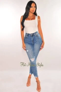 Denim Destroyed Hem High Waist Skinny Jeans