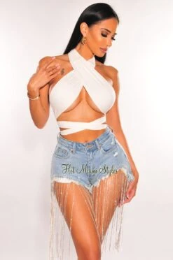 Denim Distressed Rhinestone Fringe Shorts