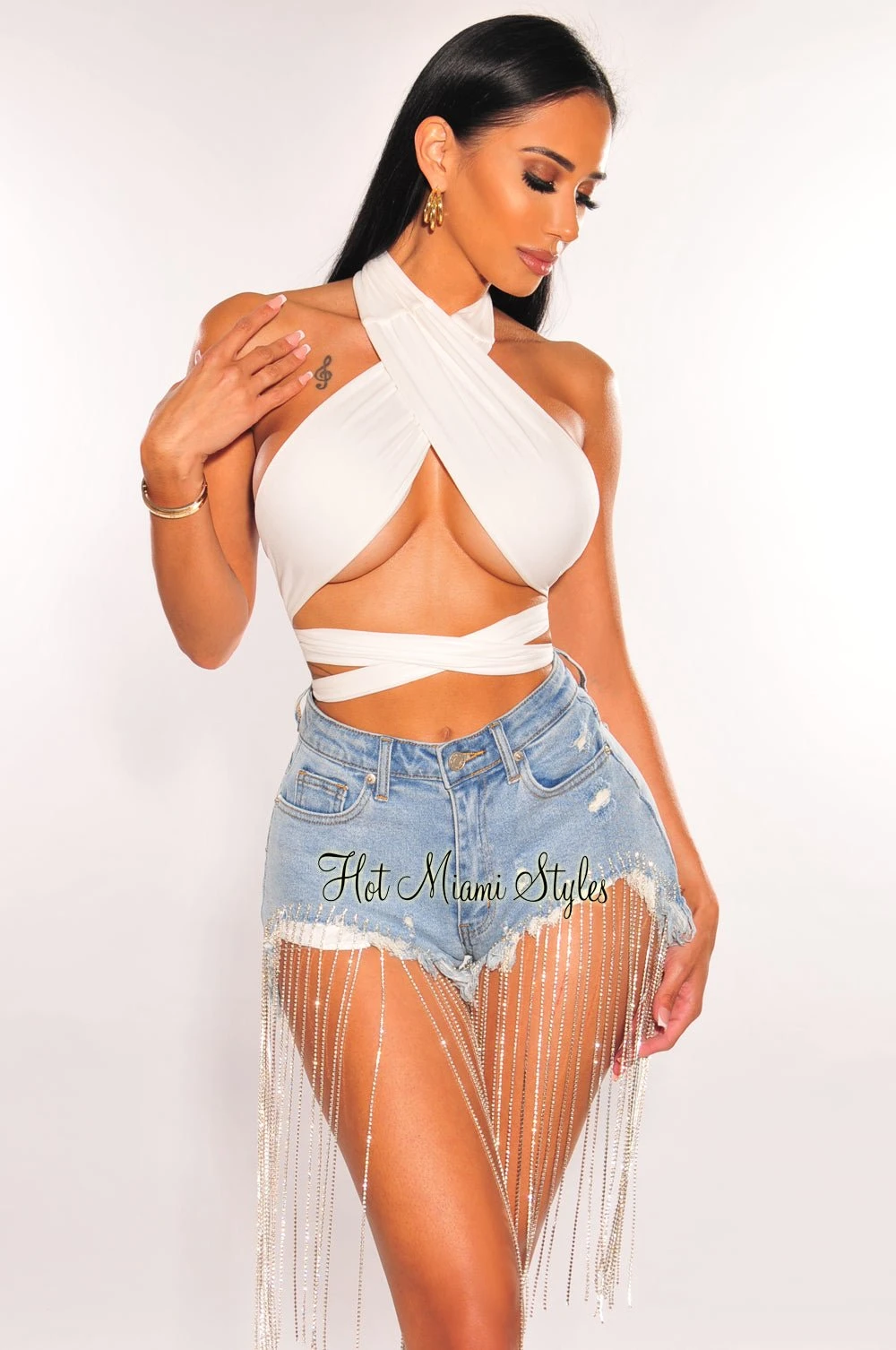 Denim Distressed Rhinestone Fringe Shorts 1 Denim Distressed Rhinestone Fringe Shorts