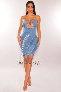 Denim Feather Strapless Padded Underwire Cut Out Lace Up Asymmetrical Dress -Miamis Style Shop denim feather strapless padded underwire cut out lace up asymmetrical dress hot miami styles 126198