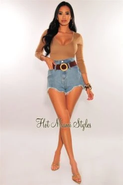Denim Frayed Hem High Waist Paperbag Belted Shorts -Miamis Style Shop denim frayed hem high waist paperbag belted shorts hot miami styles 156533