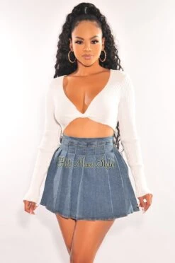 Denim Pleated High Waist Tennis Skort