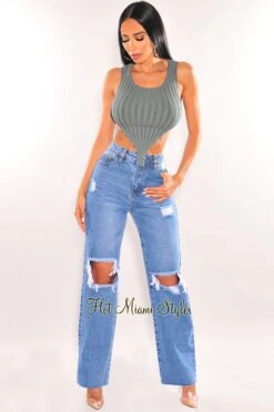 Denim Ripped High Waist Wide Leg Jeans