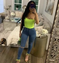 Denim Ripped Knee High-Waist Skinny Jeans -Miamis Style Shop denim ripped knee high waist skinny jeans hot miami styles 140621