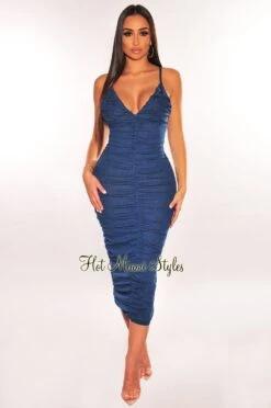 Denim Spaghetti Strap V Cut Ruched Dress