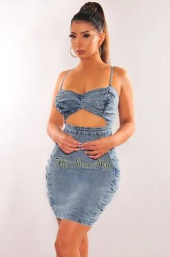 Denim Spaghetti Straps Ruched Cut Out Dress