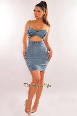 Denim Spaghetti Straps Ruched Cut Out Dress -Miamis Style Shop denim spaghetti straps ruched cut out dress hot miami styles 943551