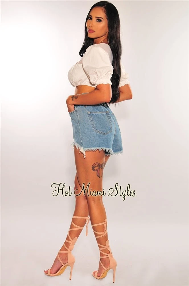 Denim Wash Frayed Hem High Waist Paperbag Shorts 4 Denim Wash Frayed Hem High Waist Paperbag Shorts - Image 4