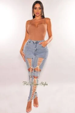 Denim Wash High Waist Lace Up Skinny Jeans