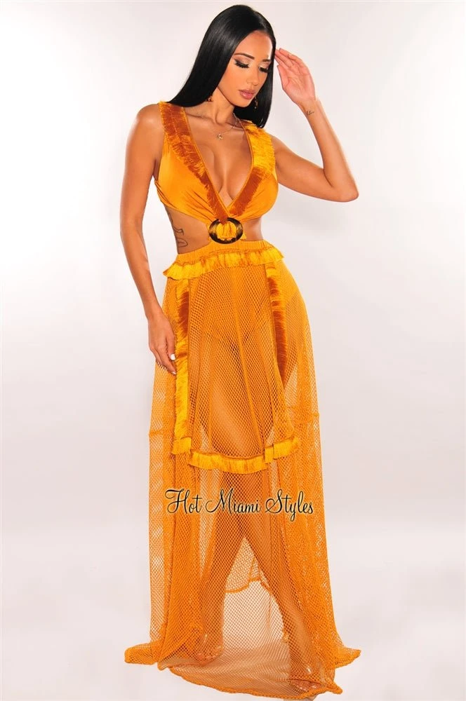 Dijon Fringe Cut Out Lace Up Back Sleeveless Maxi Dress 1 Dijon Fringe Cut Out Lace Up Back Sleeveless Maxi Dress