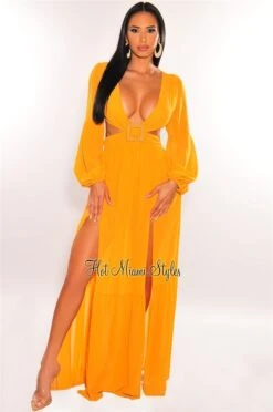 Dijon Mesh V Neck Cut Out Long Sleeves Double Slit Maxi Dress