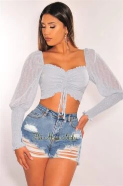 Dusty Blue Polka Dot Long Sleeve Smocked Drawstring Ruched Crop Top