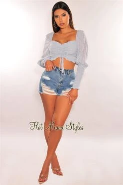 Dusty Blue Polka Dot Long Sleeve Smocked Drawstring Ruched Crop Top -Miamis Style Shop dusty blue polka dot long sleeve smocked drawstring ruched crop top hot miami styles 551231