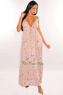 Dusty Lilac Floral Print Spaghetti Straps V Neck Maxi Dress