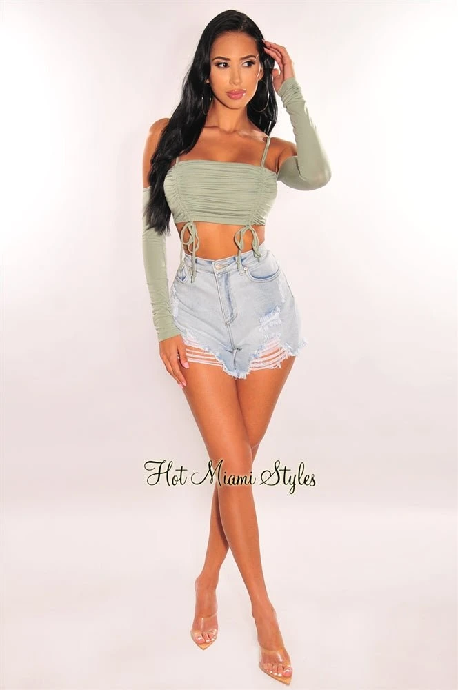 Dusty Sage Double Straps Off Shoulder Ruched Crop Top 3 Dusty Sage Double Straps Off Shoulder Ruched Crop Top - Image 3