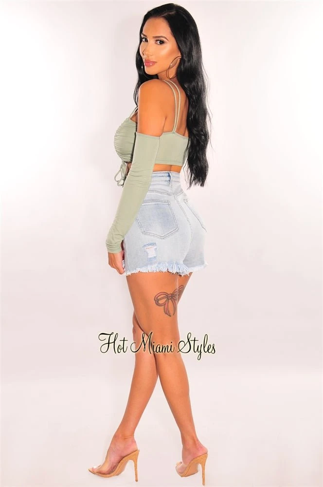 Dusty Sage Double Straps Off Shoulder Ruched Crop Top 4 Dusty Sage Double Straps Off Shoulder Ruched Crop Top - Image 4