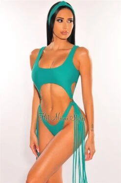 Emerald Cut Out O-Ring Fringe Ultra High Cut Swimsuit + Headband
