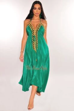 Emerald Gold Gold Halter Embellished Drawstring Maxi Dress