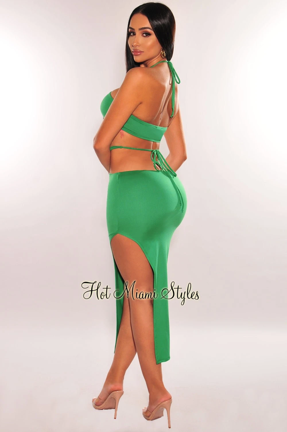 Emerald Halter Cut Out O-Ring Tie Up Slit Dress 2 Emerald Halter Cut Out O-Ring Tie Up Slit Dress - Image 2