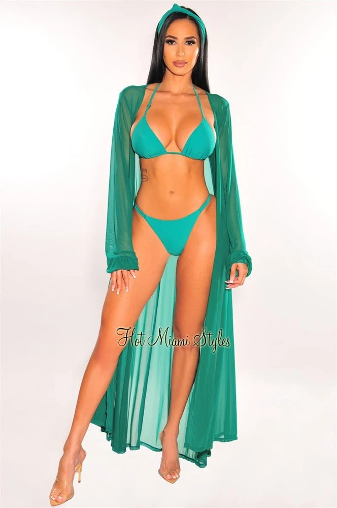 Emerald Mesh Long Sleeves Belted Maxi Cover Up 2 Emerald Mesh Long Sleeves Belted Maxi Cover Up - Image 2