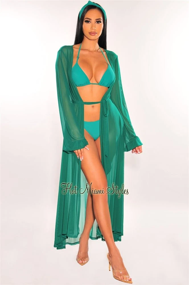 Emerald Mesh Long Sleeves Belted Maxi Cover Up 1 Emerald Mesh Long Sleeves Belted Maxi Cover Up