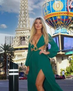 Emerald Mesh V Neck Cut Out Long Sleeves Double Slit Maxi Dress -Miamis Style Shop emerald mesh v neck cut out long sleeves double slit maxi dress hot miami styles 844003