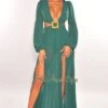 Emerald Mesh V Neck Cut Out Long Sleeves Double Slit Maxi Dress