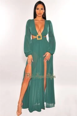 Emerald Mesh V Neck Cut Out Long Sleeves Double Slit Maxi Dress
