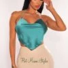 Emerald Silky Rhinestone Halter Draped Tie Up Crop Top