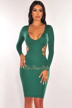 Emerald V Neck Long Sleeve Strappy Open Back Dress