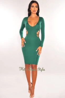 Emerald V Neck Long Sleeve Strappy Open Back Dress 7 Emerald V Neck Long Sleeve Strappy Open Back Dress -Miamis Style Shop emerald v neck long sleeve strappy open back dress hot miami styles 550181