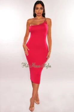 Fuchsia Gold Chain One Shoulder Sleeveless Dress