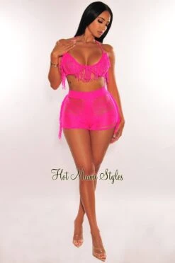 Fuchsia Halter Crochet Ladder Fringe Cover Up Shorts Two Piece Set 6 Fuchsia Halter Crochet Ladder Fringe Cover Up Shorts Two Piece Set -Miamis Style Shop fuchsia halter crochet ladder fringe cover up shorts two piece set hot miami styles 119723