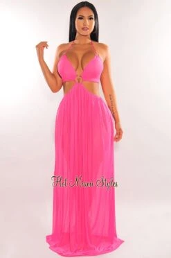 Fuchsia Halter Mesh O-Ring Cut Out Maxi Dress