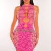 Fuchsia Rhinestone Mesh O Ring Cut Out Sleeveless Dress