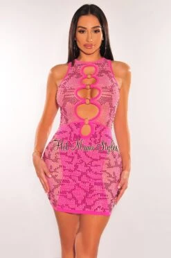 Fuchsia Rhinestone Mesh O Ring Cut Out Sleeveless Dress