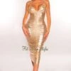 Gold Metallic Spaghetti Strap V Cut Ruched Dress