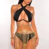 Gold Rhinestone Strap Fringe Skirt Cover Up