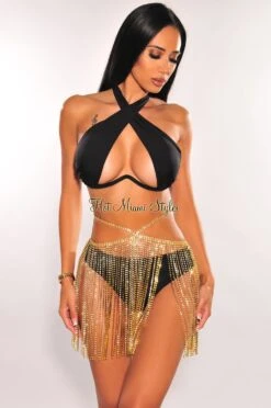 Gold Rhinestone Strap Fringe Skirt Cover Up