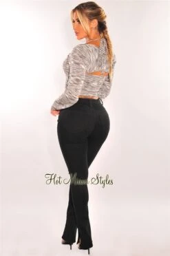 Gray Marl Halter Crop Top + Bolero Long Sleeve Jacket -Miamis Style Shop gray marl halter crop top bolero long sleeve jacket hot miami styles 487330