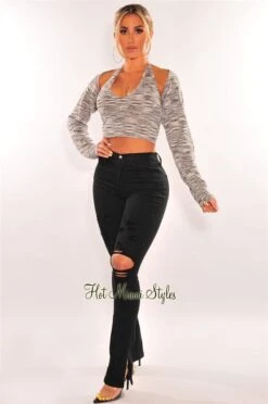 Gray Marl Halter Crop Top + Bolero Long Sleeve Jacket -Miamis Style Shop gray marl halter crop top bolero long sleeve jacket hot miami styles 636010