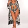 Gray Snake Print Kimono Sleeves Fringe Cover Up